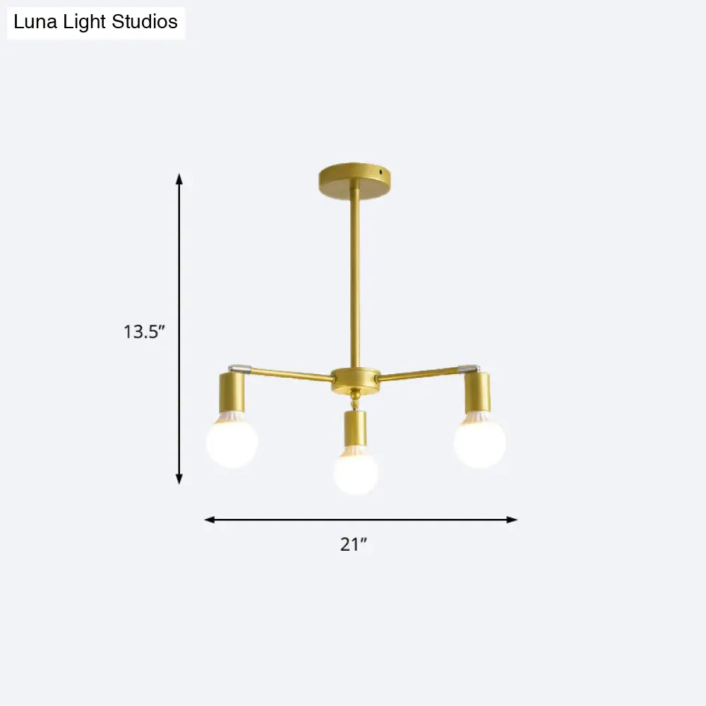 Lámpara de araña radial dorada de metal con luces colgantes para dormitorio - Diseño moderno con bombilla expuesta