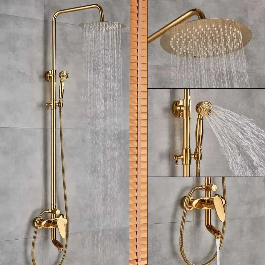 Gold finished brass shower faucet set with tall overhead rainhead and handheld spray nozzle for bathroom use