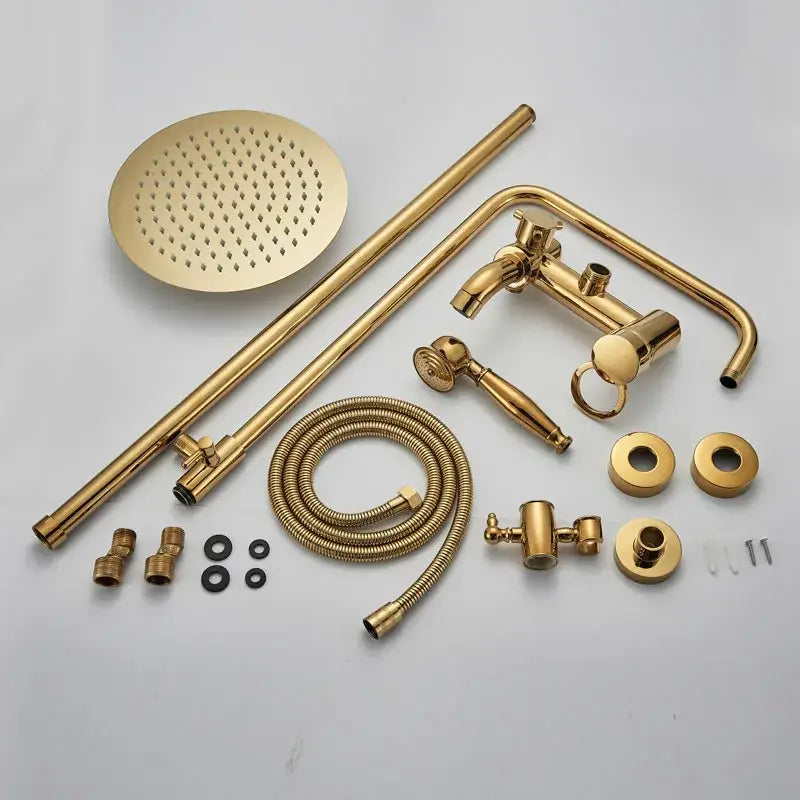 Gold rainfall and waterfall shower faucet set featuring a gold-finished brass shower faucet with round rainhead handheld sprayer and hose