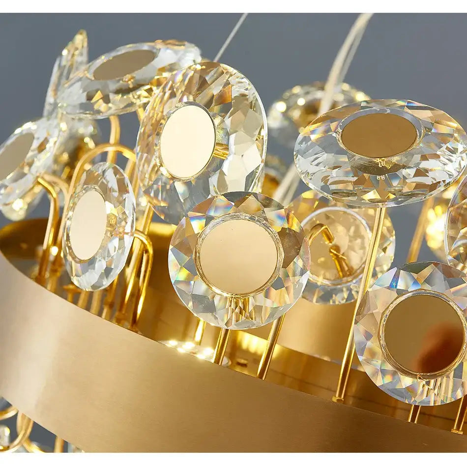 Gold rectangular crystal pendant chandelier featuring golden faceted crystal discs with mirrored centers for dining room decorbites crystal pendant