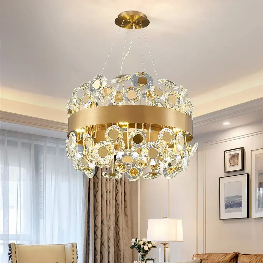 Gold rectangular crystal pendant chandelier with gold-toned frame and clear discs for dining room decorbites crystal pendant