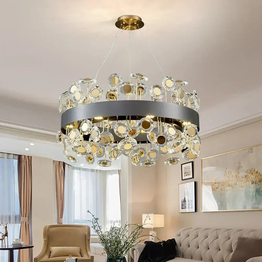 Gold rectangular crystal pendant chandelier with sleek silver ring and dangling crystal discs for decorbites crystal pendant decor