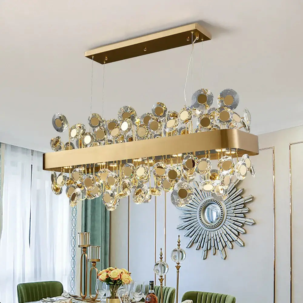 Gold rectangular crystal pendant chandelier with gold-toned frame and dangling crystal discs for dining room decorbites crystal pendant