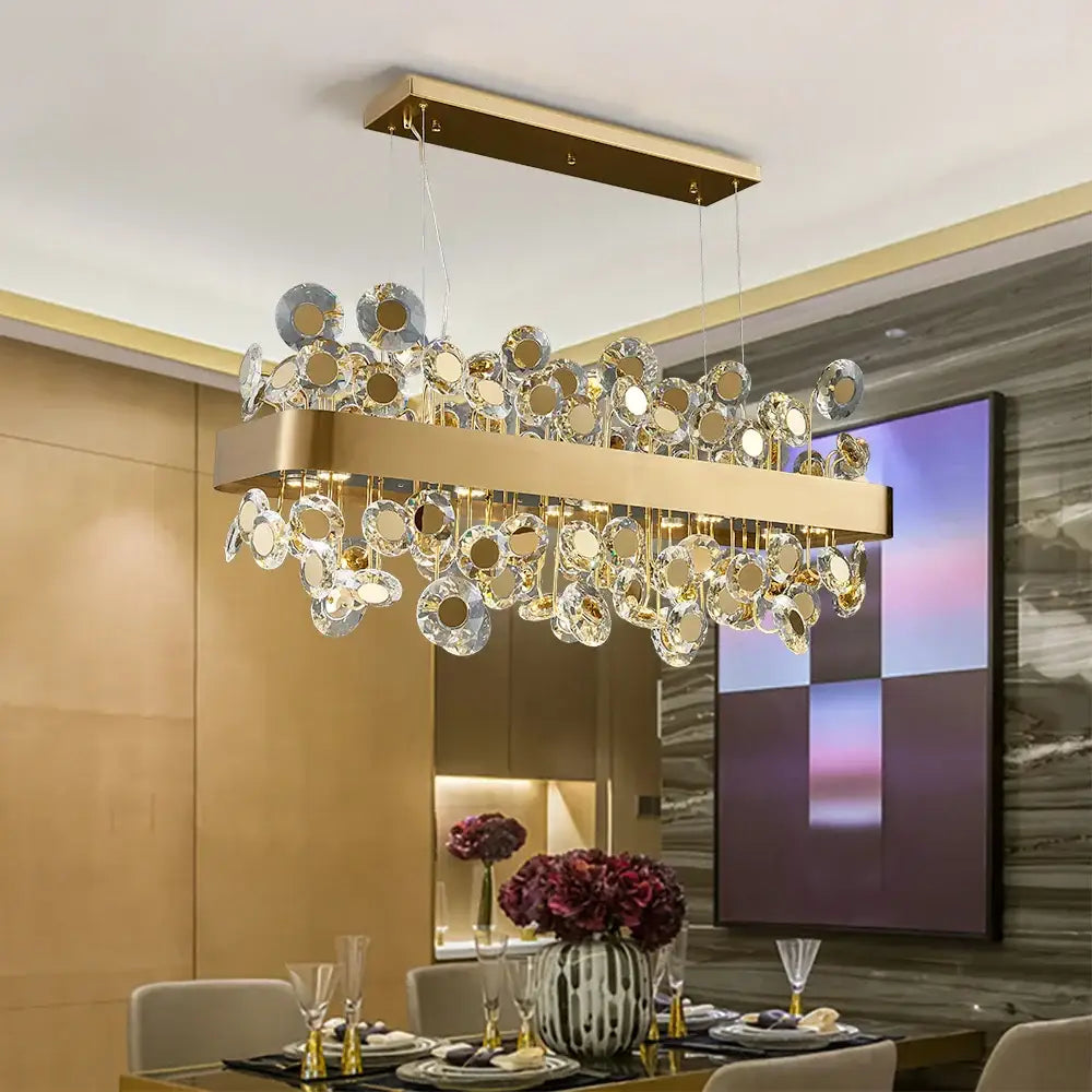Gold-toned rectangular decorbites crystal pendant chandelier with dangling crystal discs for dining room decor