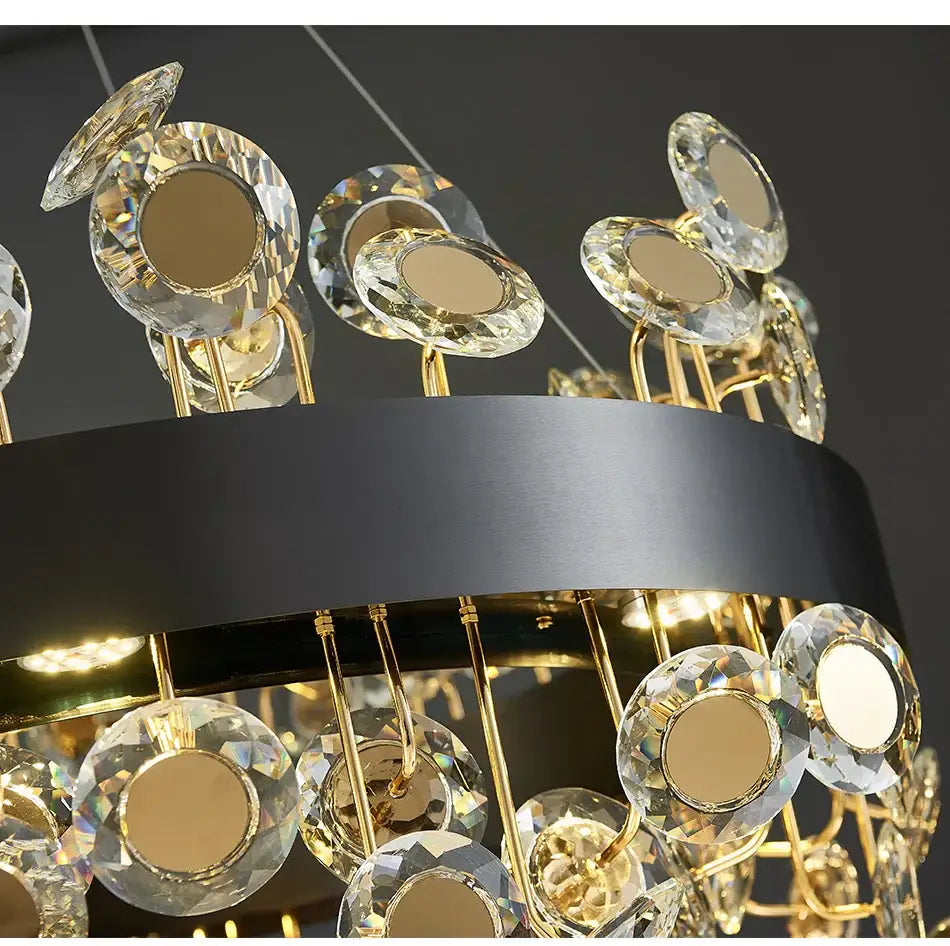 Gold rectangular crystal pendant chandelier with gold tones and clear crystal discs by decorbites crystal pendant for dining room decor