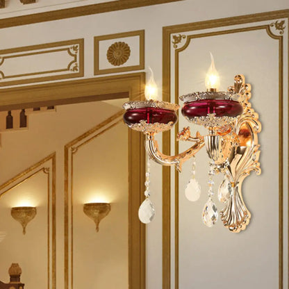 DecorBites™ DecorBites™ Gold-Red Crystal Flameless Candle Wall Sconce Lamp for Lobby - Traditional 1/2-Head Lighting Ideas