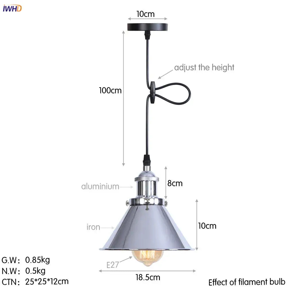 Industrial-style pendant light with brushed aluminum and iron conical shade on adjustable black cord for dining room decorbites gold retro edison fluted petal pendant lights