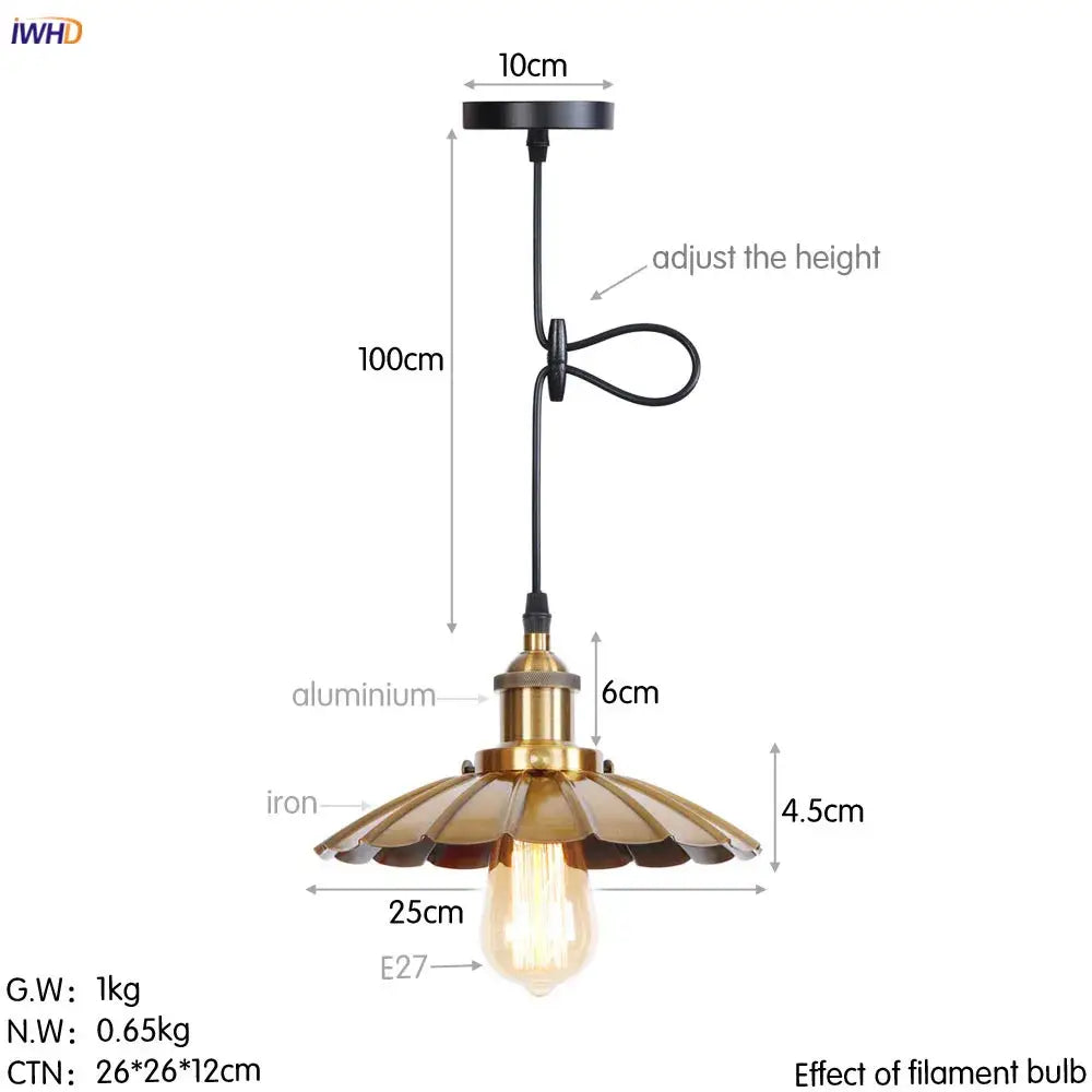 Industrial-style pendant lights with brass-colored petal-shaped iron shade and exposed filament bulb gold retro edison decorbites