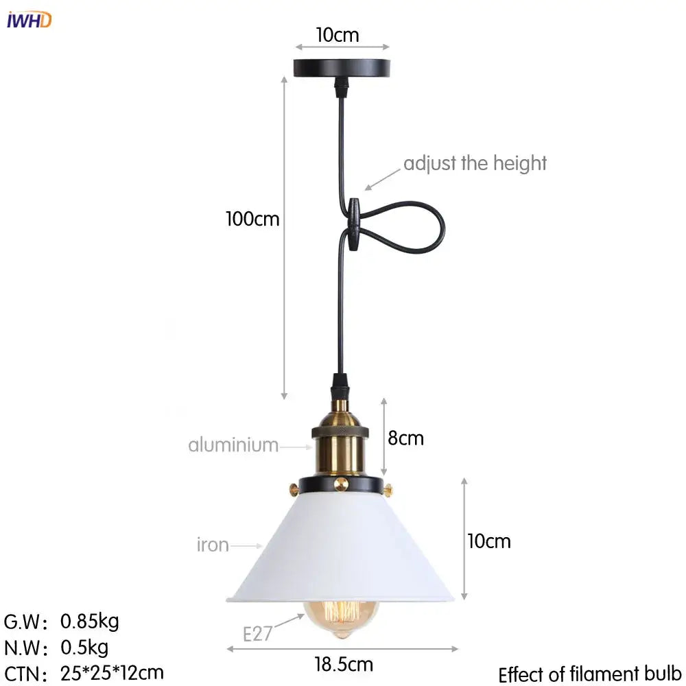 Industrial pendant light with white conical shade brass and black iron hardware featuring decorbites gold retro edison bulb