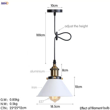 Industrial pendant light with white conical shade brass and black iron hardware featuring decorbites gold retro edison bulb