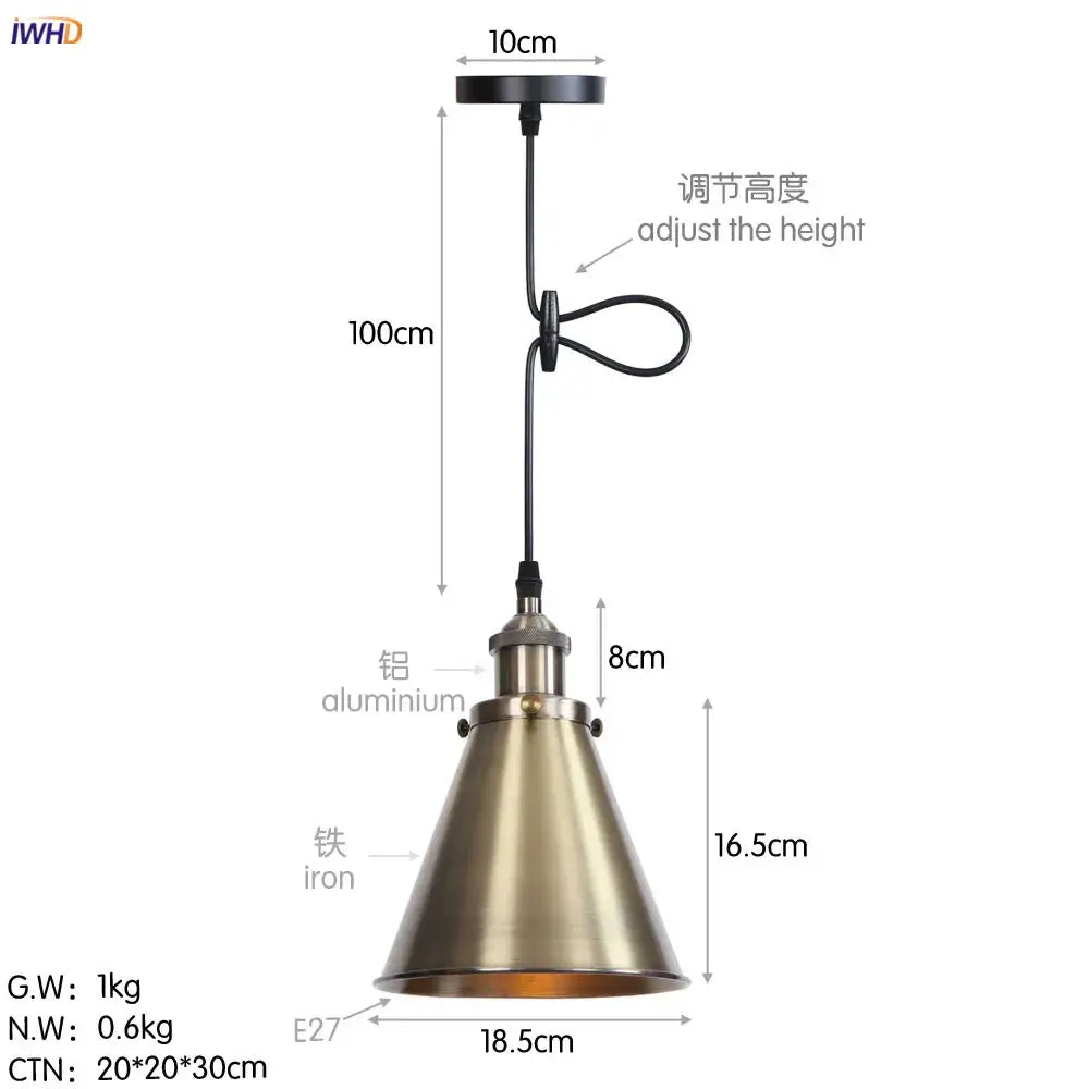 Industrial pendant lights with brushed brass conical shade and black adjustable chain made of aluminum and iron for dining room decorbites gold retro edison style