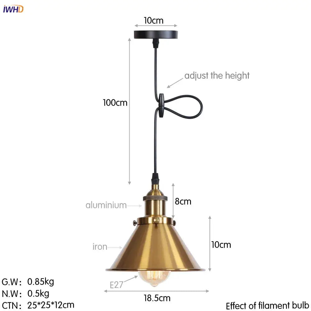 Industrial-style brass pendant lights with conical shade and black adjustable chain gold retro edison decorbites for dining room