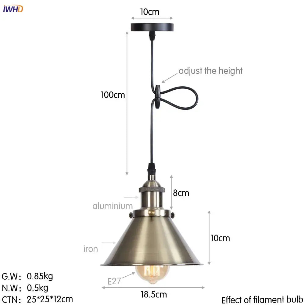 Industrial-style pendant lights with brushed brass conical shade and black adjustable chain for dining room decorbites gold retro