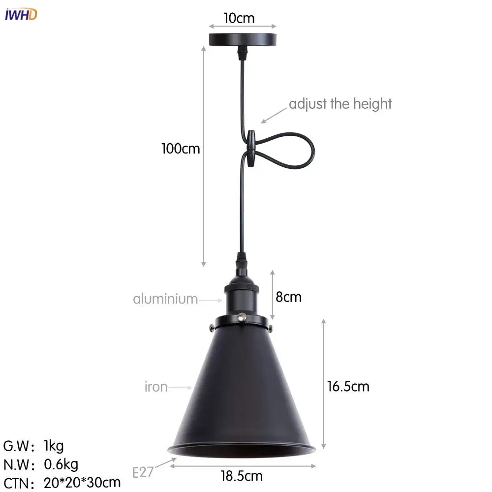 Black matte industrial pendant lights with adjustable height iron aluminum construction for decorbites gold retro dining room