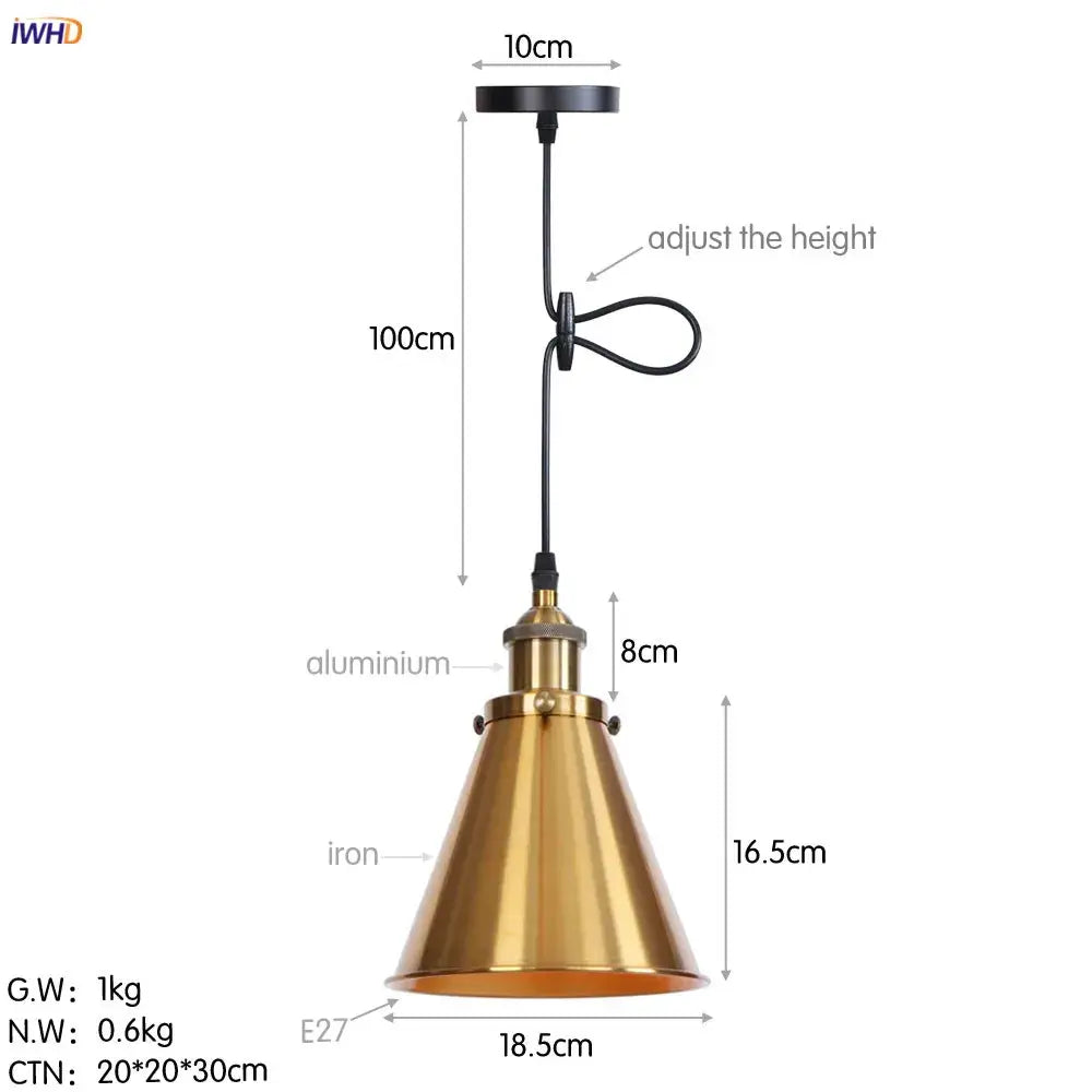 Brass-colored conical pendant light with black adjustable cord and iron base for dining room decorbites gold retro pendant lights