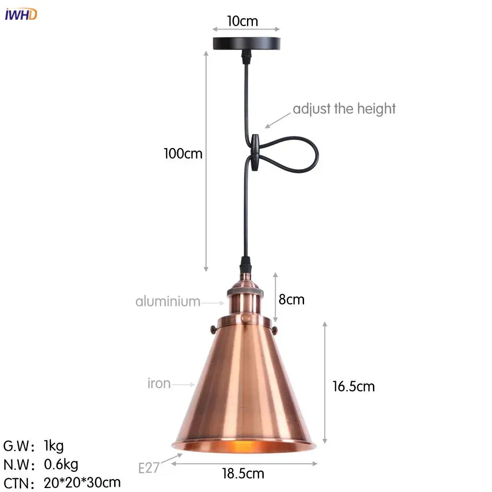Copper-colored conical pendant lights with aluminum iron construction and black adjustable cord for dining room decorbites gold retro Edison style