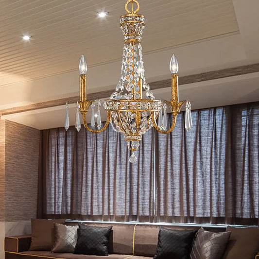Lámpara de araña piramidal retro dorada con detalles de cristal - 3 luces - Lámpara colgante para sala de estar