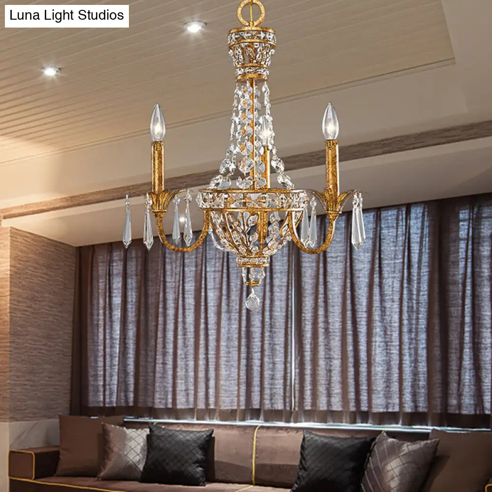 Lámpara de araña piramidal retro dorada con detalles de cristal - 3 luces - Lámpara colgante para sala de estar