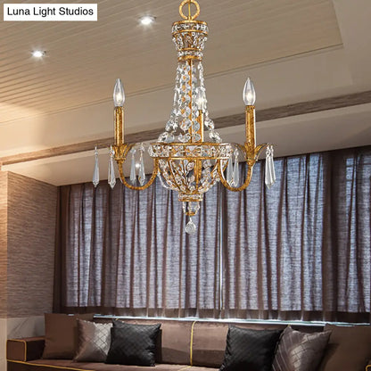 Lámpara de araña piramidal retro dorada con detalles de cristal - 3 luces - Lámpara colgante para sala de estar