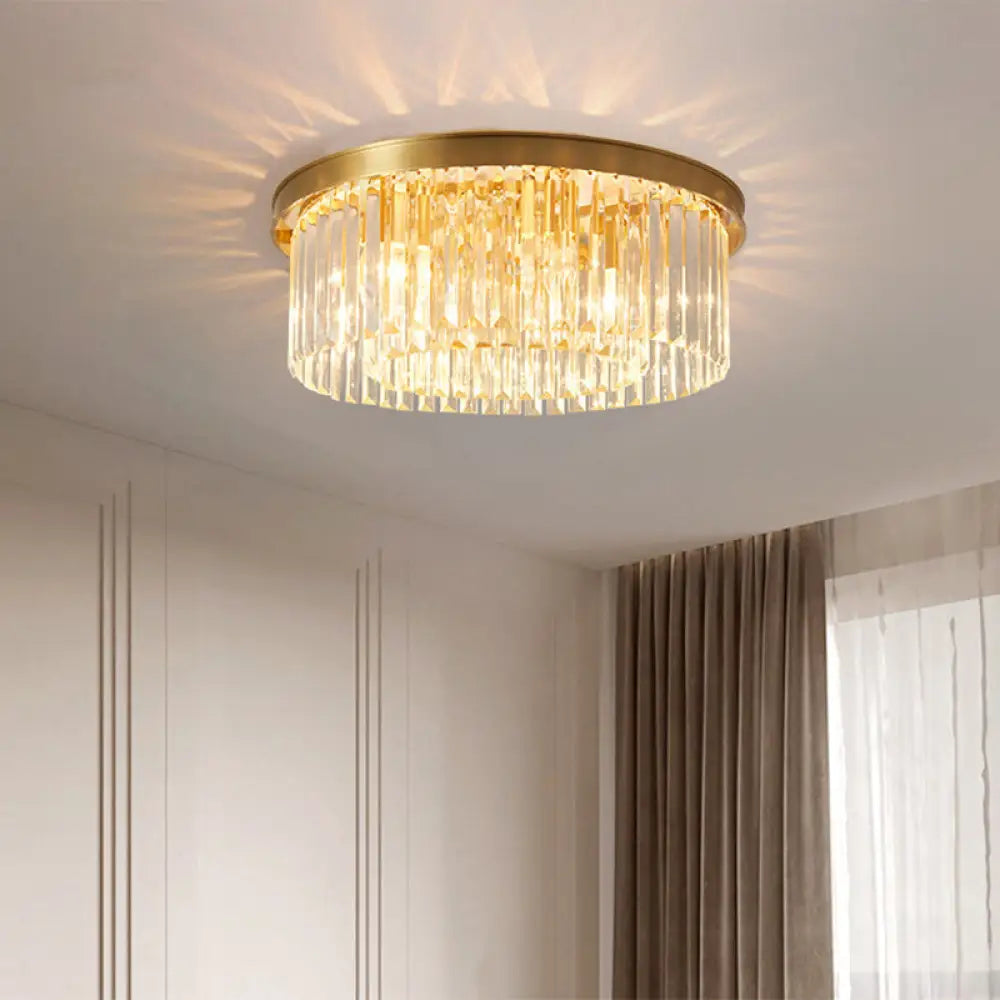 DecorBites™ DecorBites™ Gold Round Bedroom Flush Mount Lamp, 4/5 Clear Crystal Prisms, 16"/19.5" Wide