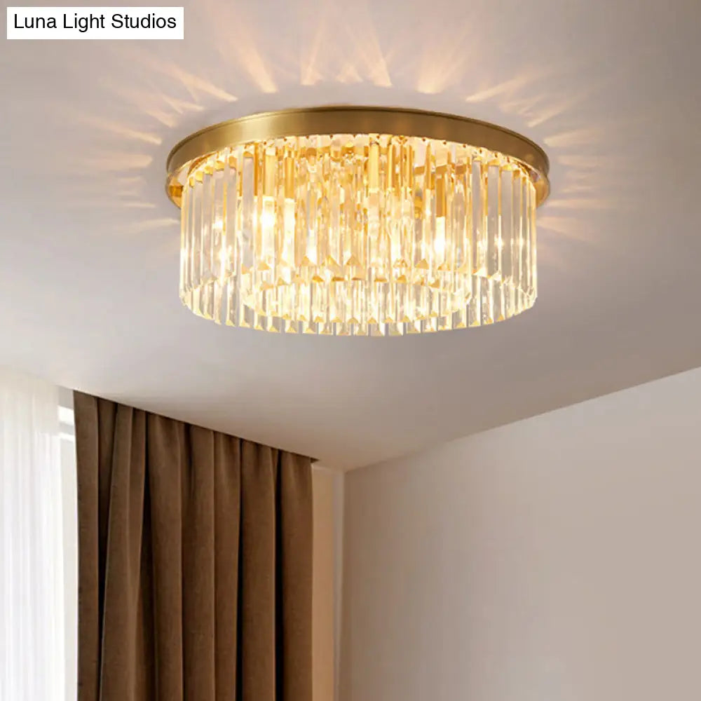 DecorBites™ DecorBites™ Gold Round Bedroom Flush Mount Lamp, 4/5 Clear Crystal Prisms, 16"/19.5" Wide