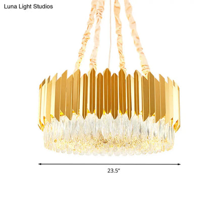 Lámpara de araña redonda dorada con colgantes de bloques de cristal - 19,5"/23,5" de ancho, diseño posmoderno - 6/10 cabezas