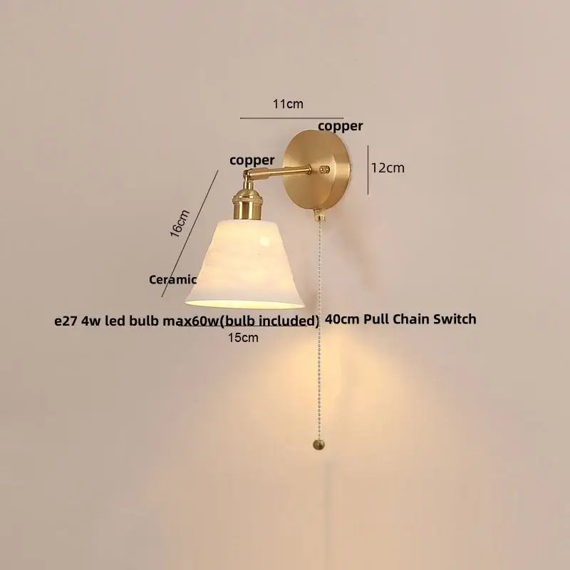 Copper-finished wall light fixture with ceramic lampshade and pull chain switch for bedroom lighting