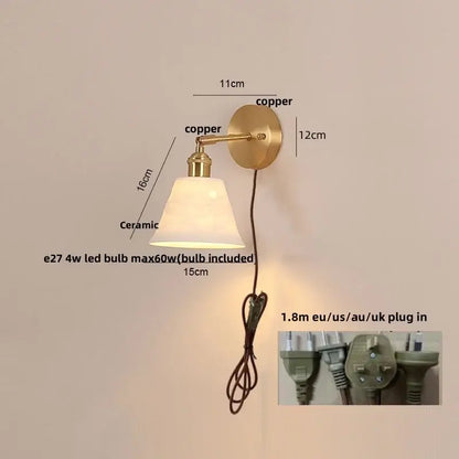 Copper-finished wall light fixture with ceramic lampshade and gold ruffled glass detail for bedroom use with pull chain