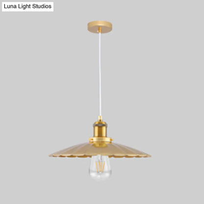 Gold Scalloped Edge Pendant Light - Loft Metallic 1 Bulb Hanging Fixture, Coffee Shop Style, 12/14 Inch Width