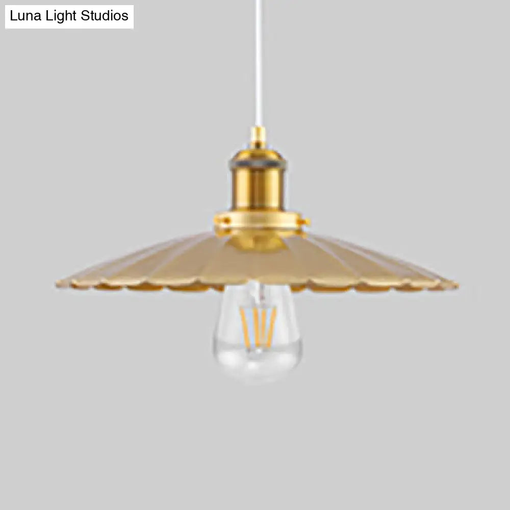 Gold Scalloped Edge Pendant Light - Loft Metallic 1 Bulb Hanging Fixture, Coffee Shop Style, 12/14 Inch Width