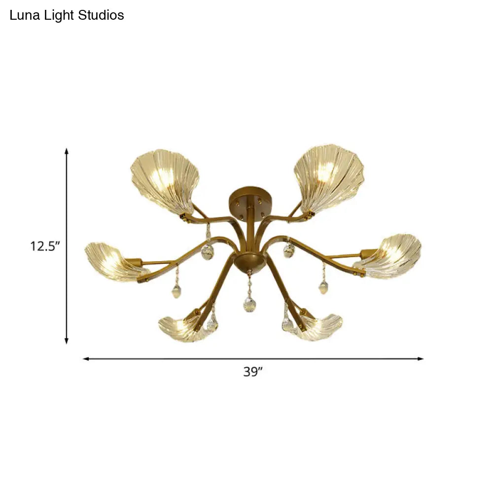DecorBites™ DecorBites™ Gold Scalloped Shell Semi Flush Mount Crystal Chandelier - Countryside Parlor Ceiling Light 6/8-Light