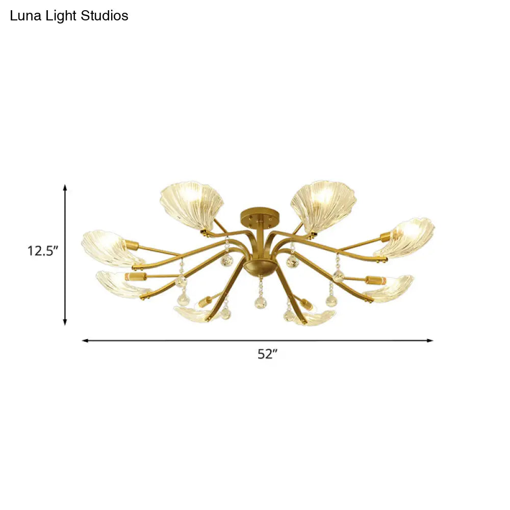 DecorBites™ DecorBites™ Gold Scalloped Shell Semi Flush Mount Crystal Chandelier - Countryside Parlor Ceiling Light 6/8-Light