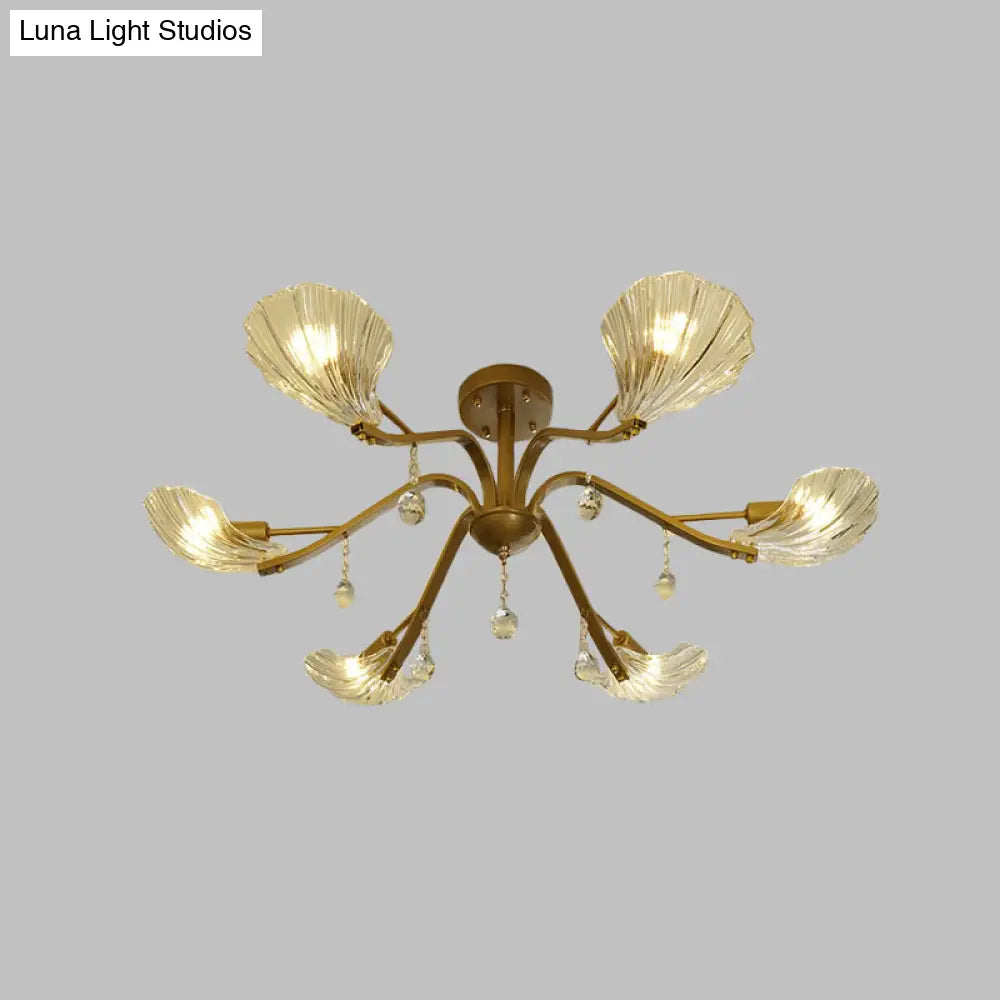 DecorBites™ DecorBites™ Gold Scalloped Shell Semi Flush Mount Crystal Chandelier - Countryside Parlor Ceiling Light 6/8-Light