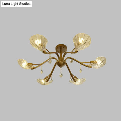 DecorBites™ DecorBites™ Gold Scalloped Shell Semi Flush Mount Crystal Chandelier - Countryside Parlor Ceiling Light 6/8-Light