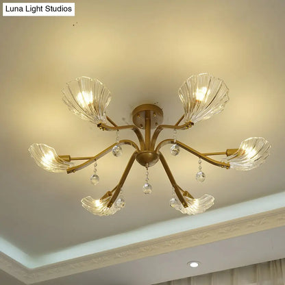 DecorBites™ DecorBites™ Gold Scalloped Shell Semi Flush Mount Crystal Chandelier - Countryside Parlor Ceiling Light 6/8-Light