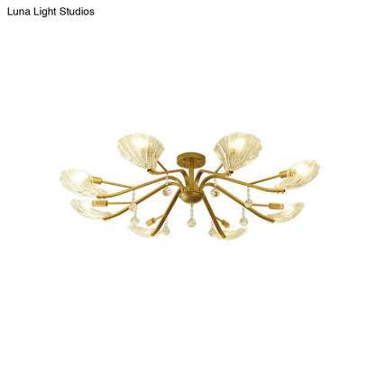 DecorBites™ DecorBites™ Gold Scalloped Shell Semi Flush Mount Crystal Chandelier - Countryside Parlor Ceiling Light 6/8-Light
