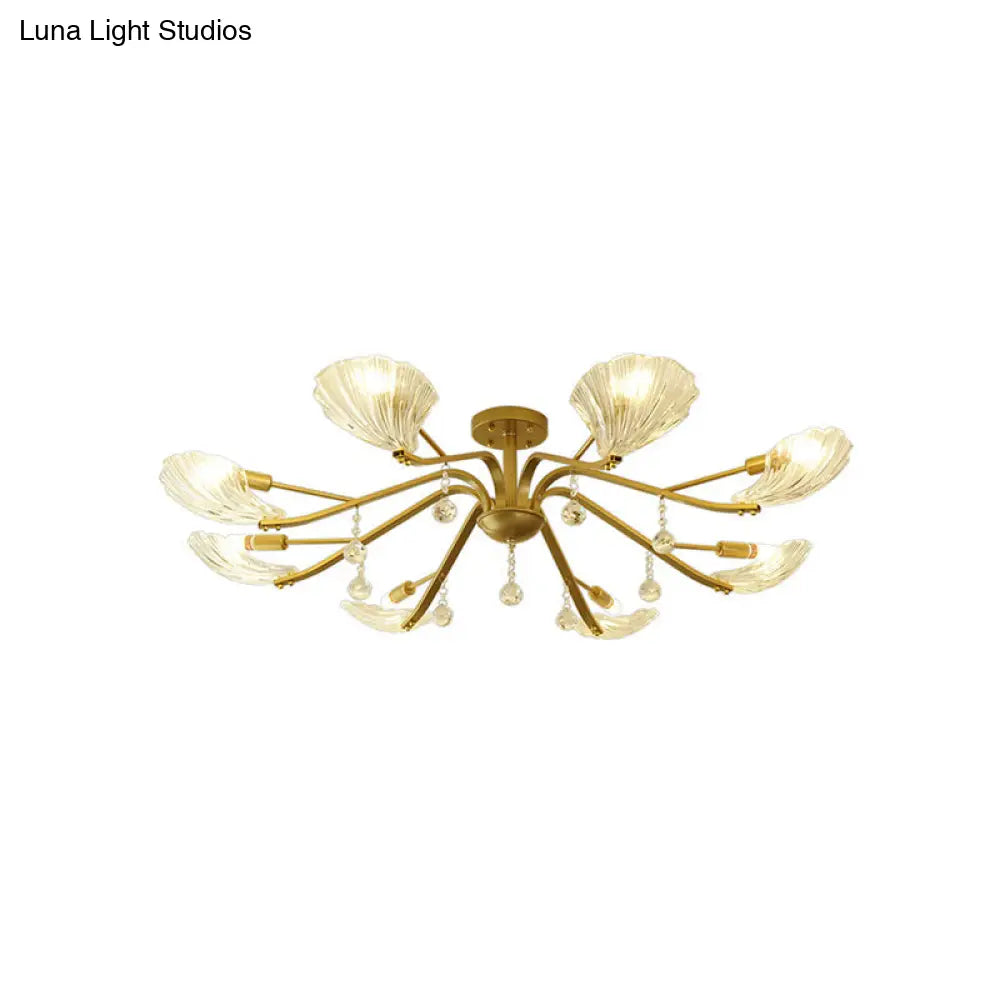 DecorBites™ DecorBites™ Gold Scalloped Shell Semi Flush Mount Crystal Chandelier - Countryside Parlor Ceiling Light 6/8-Light