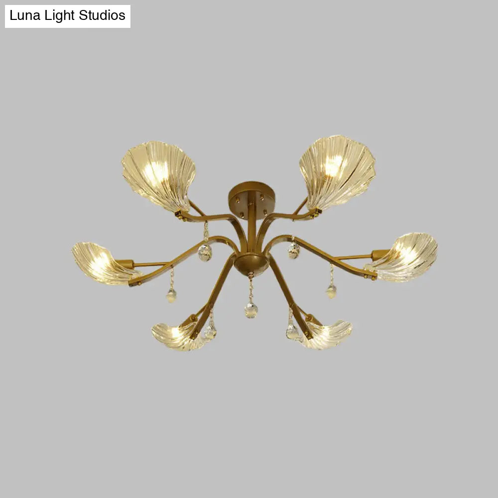 DecorBites™ DecorBites™ Gold Scalloped Shell Semi Flush Mount Crystal Chandelier - Countryside Parlor Ceiling Light 6/8-Light