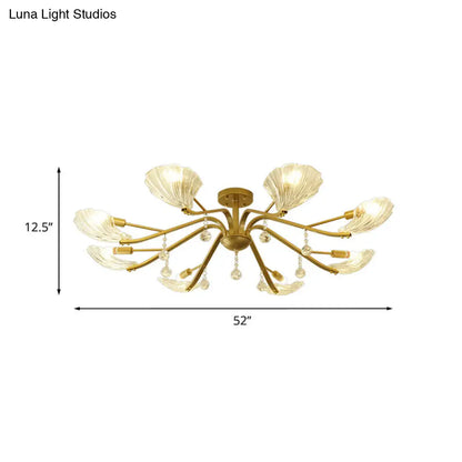 DecorBites™ DecorBites™ Gold Scalloped Shell Semi Flush Mount Crystal Chandelier - Countryside Parlor Ceiling Light 6/8-Light