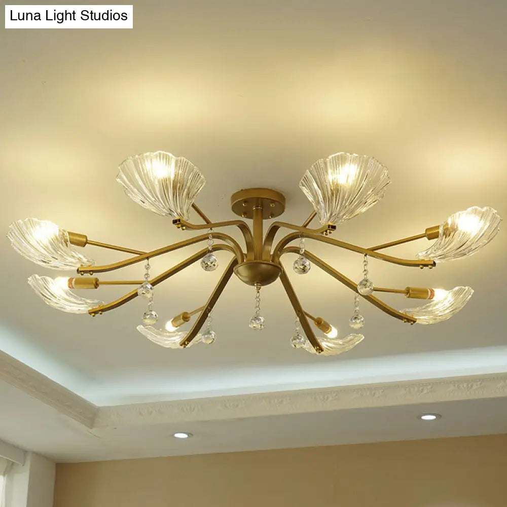 DecorBites™ DecorBites™ Gold Scalloped Shell Semi Flush Mount Crystal Chandelier - Countryside Parlor Ceiling Light 6/8-Light