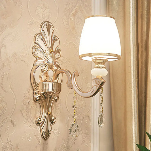 DecorBites™ Gold Scrolled Arm Wall Mount Lamp with Crystal Accent - Elegant Metallic Wall Sconce