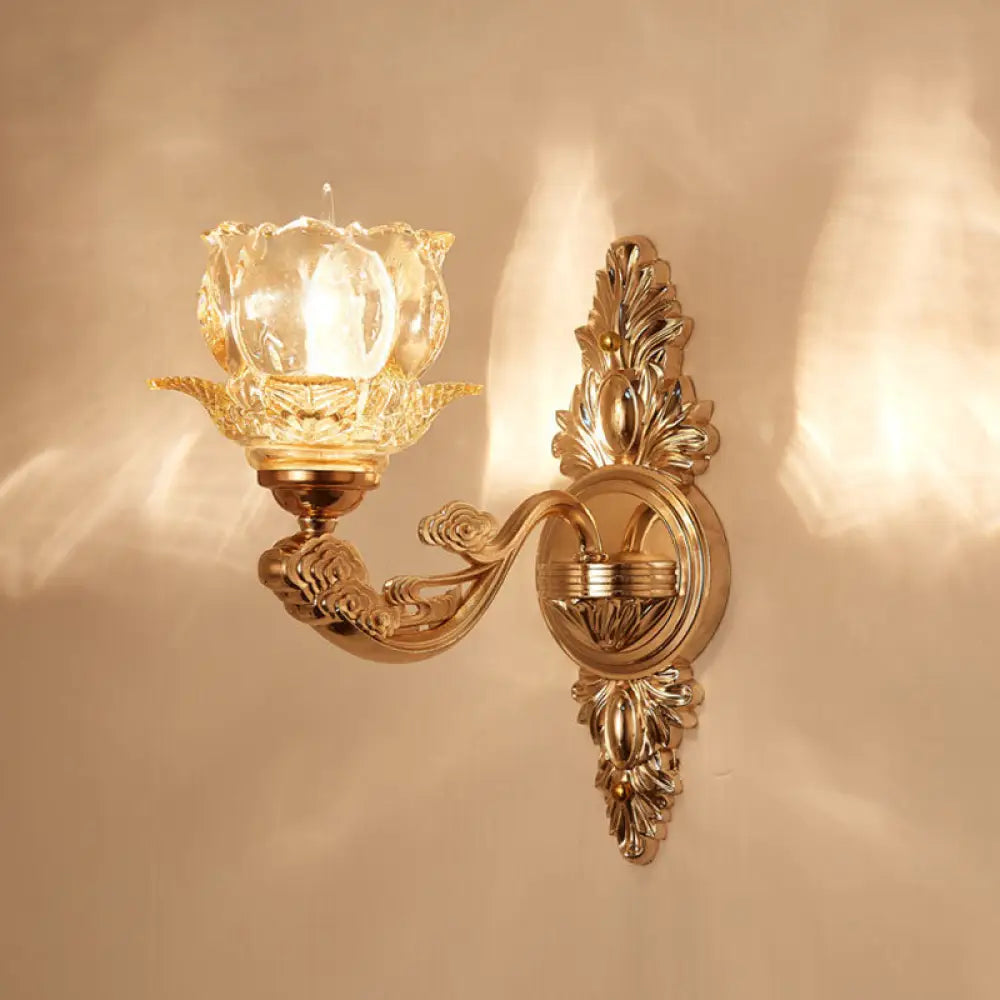 DecorBites™ Gold Scrolled Arm Wall Mount Lamp with Crystal Accent - Elegant Metallic Wall Sconce