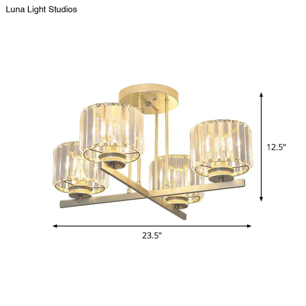 DecorBites™ DecorBites™ Gold Semi-Mount Crystal Prism Ceiling Flush Light - Modern 3/4-Light Short Cylinder
