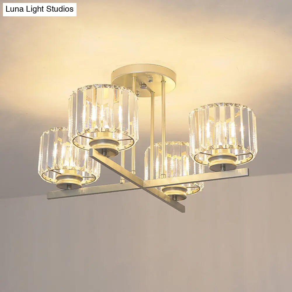 DecorBites™ DecorBites™ Gold Semi-Mount Crystal Prism Ceiling Flush Light - Modern 3/4-Light Short Cylinder