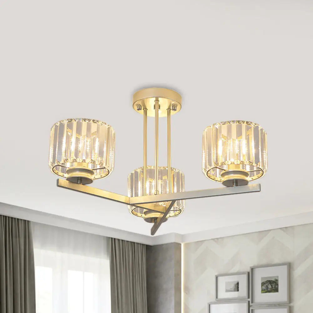 DecorBites™ DecorBites™ Gold Semi-Mount Crystal Prism Ceiling Flush Light - Modern 3/4-Light Short Cylinder
