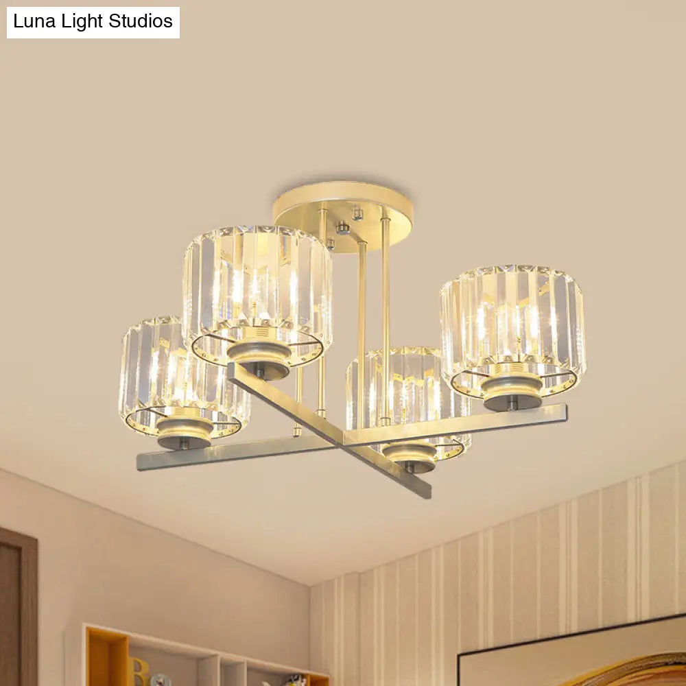 DecorBites™ DecorBites™ Gold Semi-Mount Crystal Prism Ceiling Flush Light - Modern 3/4-Light Short Cylinder