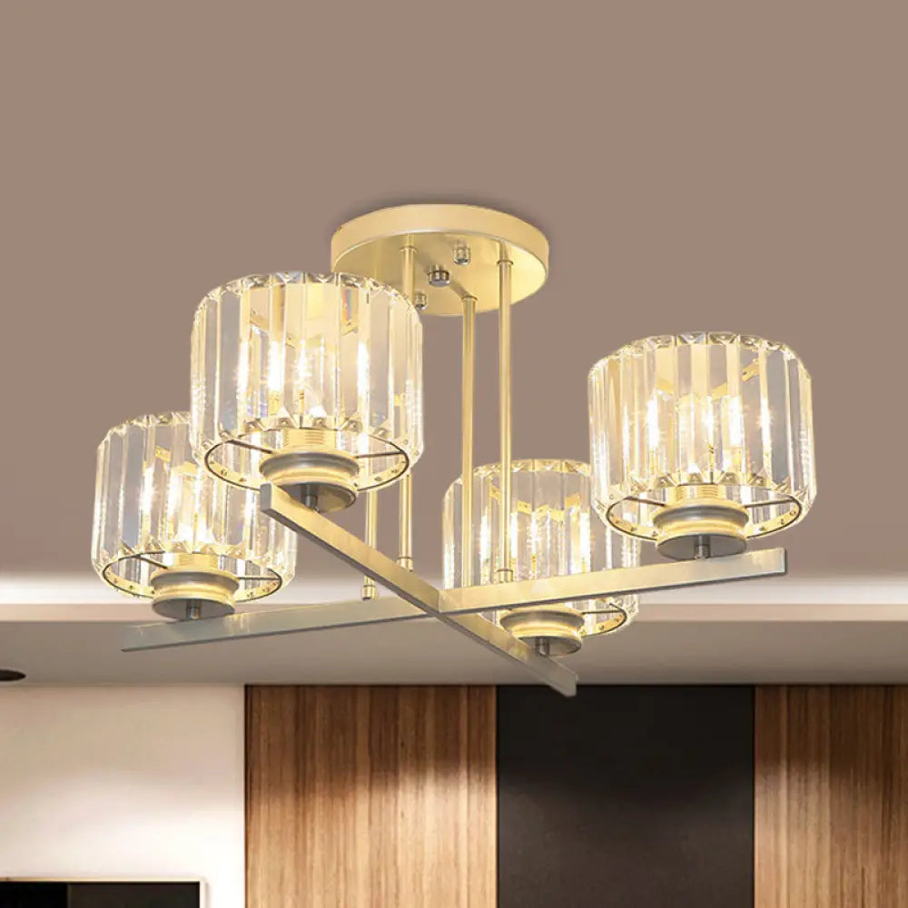 DecorBites™ DecorBites™ Gold Semi-Mount Crystal Prism Ceiling Flush Light - Modern 3/4-Light Short Cylinder