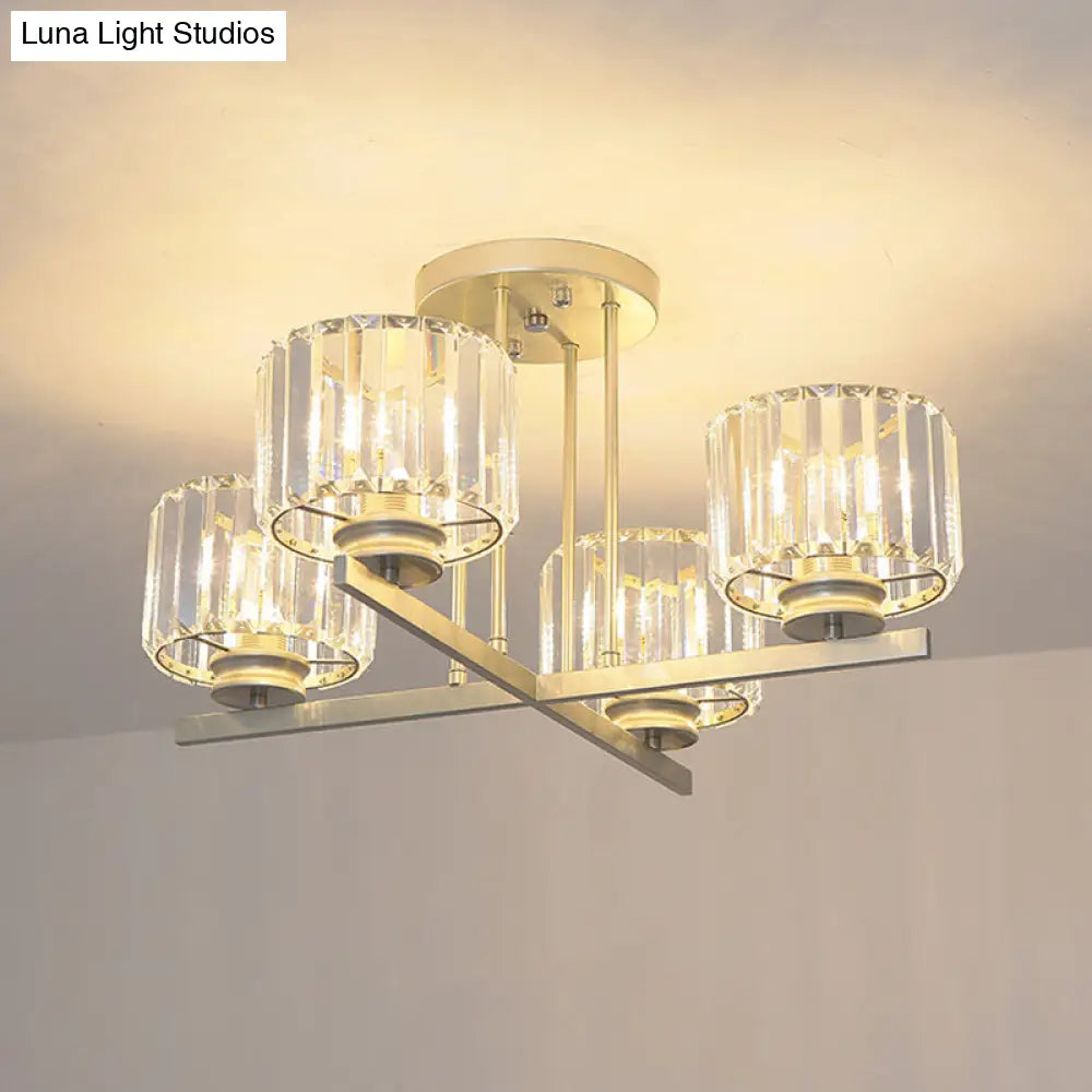 DecorBites™ DecorBites™ Gold Semi-Mount Crystal Prism Ceiling Flush Light - Modern 3/4-Light Short Cylinder