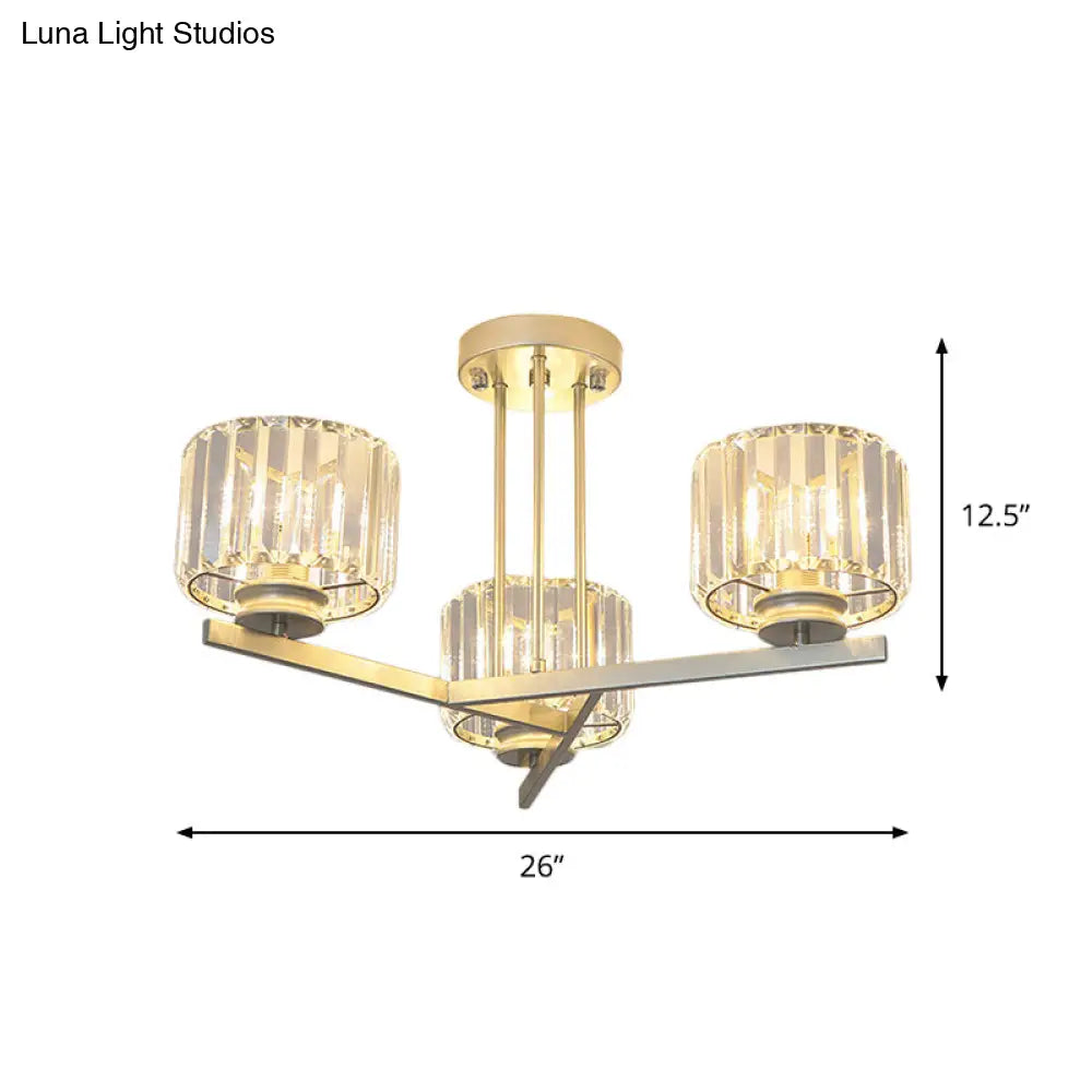 DecorBites™ DecorBites™ Gold Semi-Mount Crystal Prism Ceiling Flush Light - Modern 3/4-Light Short Cylinder