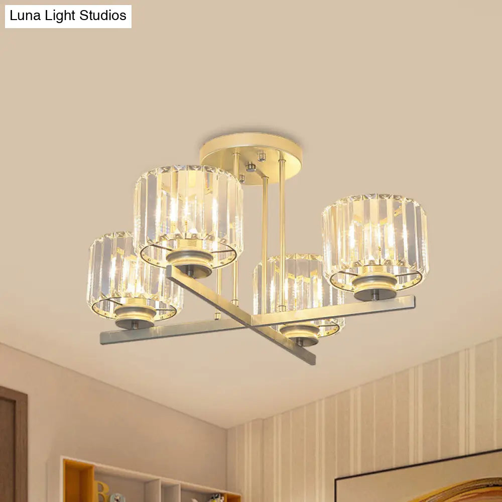 DecorBites™ DecorBites™ Gold Semi-Mount Crystal Prism Ceiling Flush Light - Modern 3/4-Light Short Cylinder